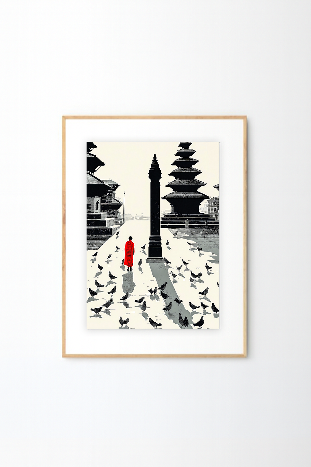 Himalayan Temple Plaza Art Print – Minimalist Red & Black Illustration