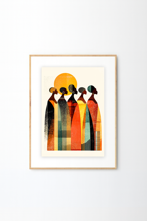 Afro-Bohemian Sisterhood Wall Art | Earth Tone African Abstract Print for Boho Home Decor