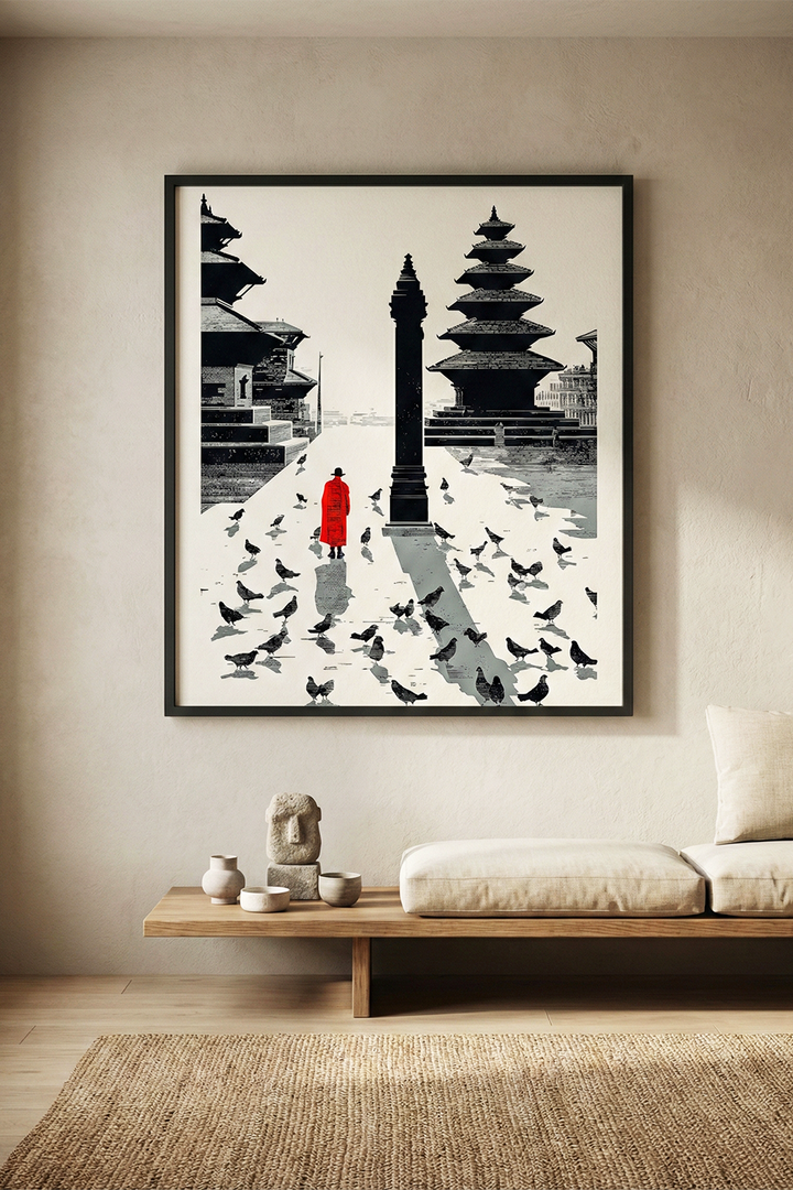 Himalayan Temple Plaza Art Print – Minimalist Red & Black Illustration