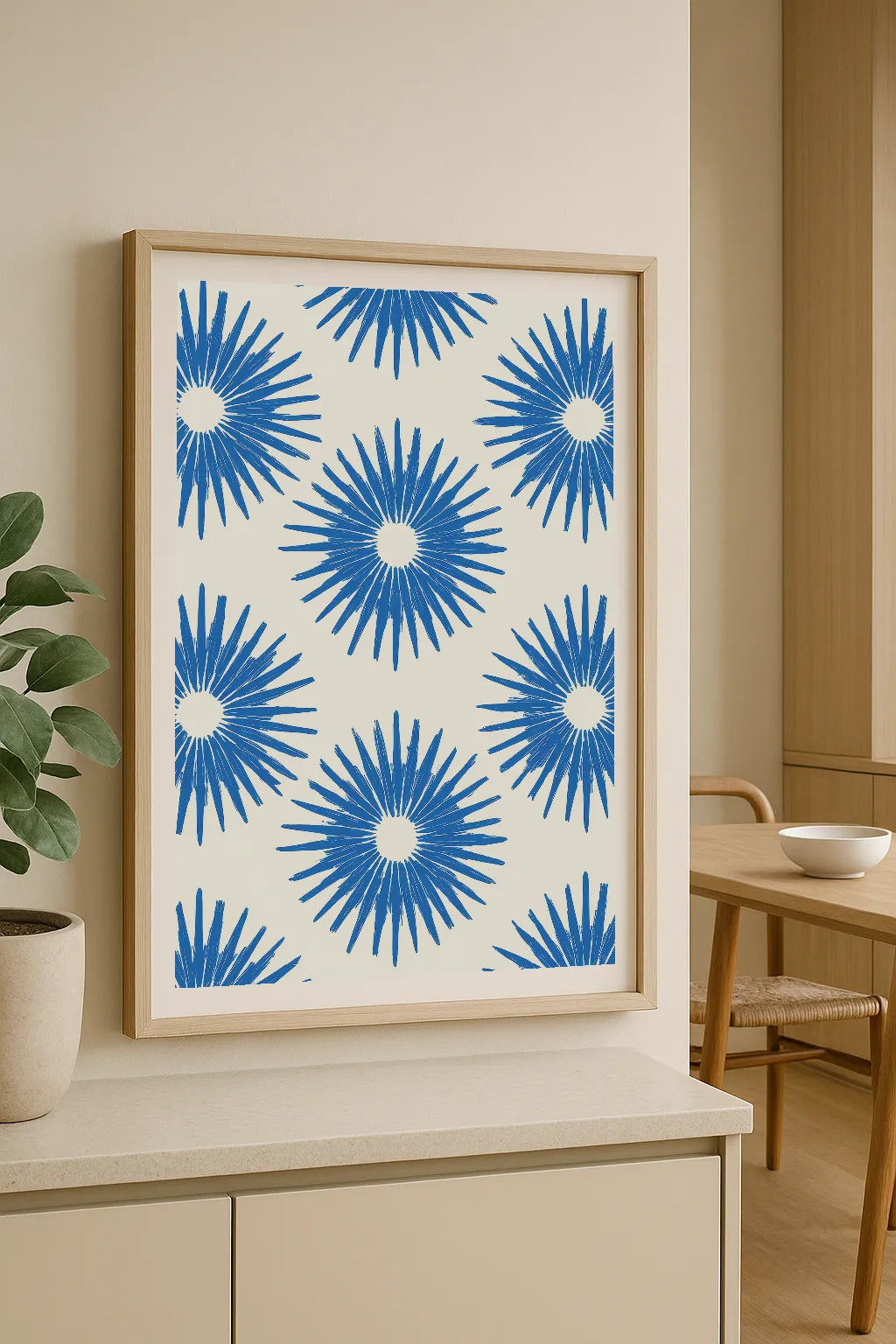 Blue Floral Burst Pattern Art Print – Modern Botanical Wall Art