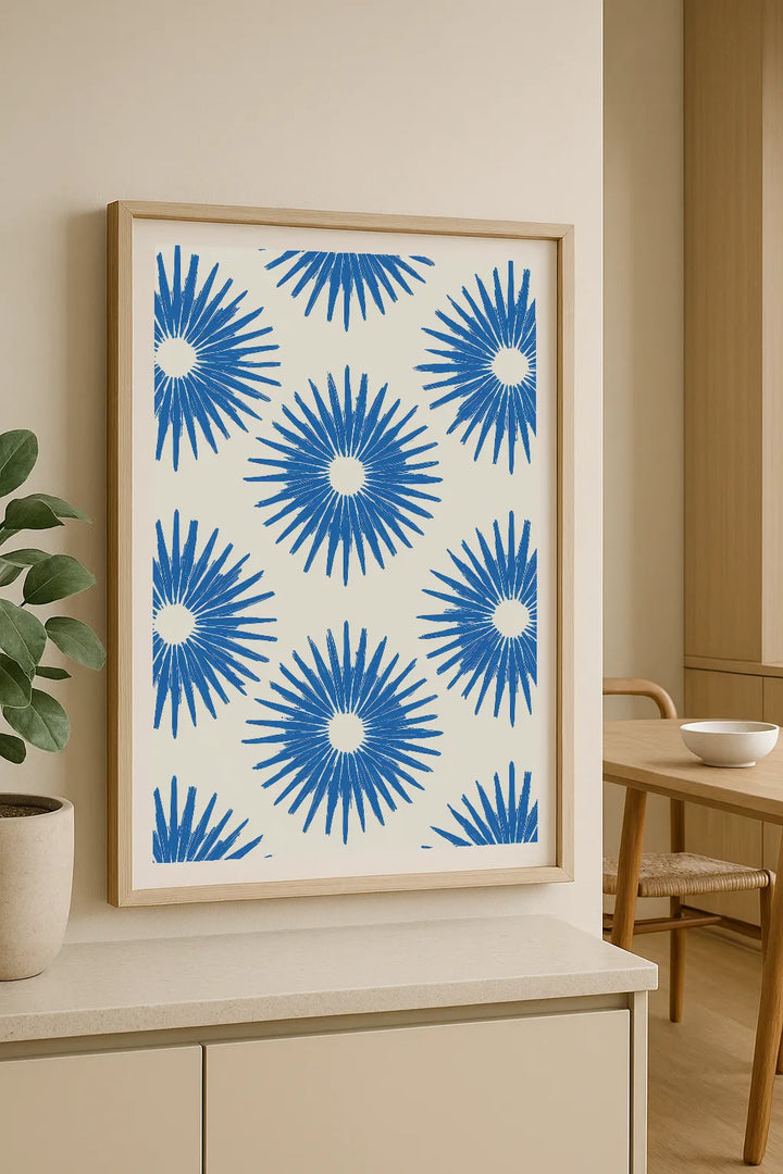 Blue Floral Burst Pattern Art Print – Modern Botanical Wall Art