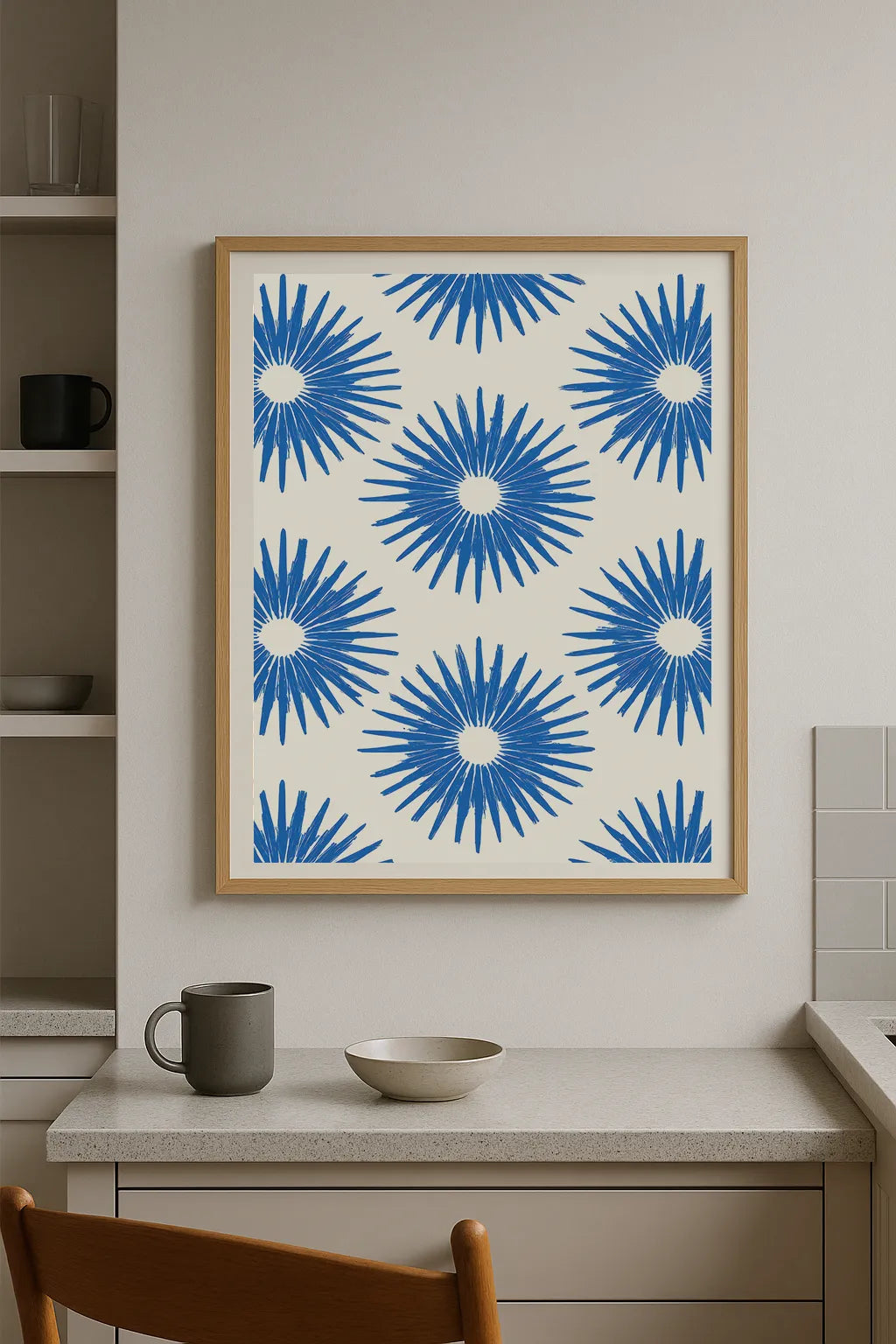 Blue Floral Burst Pattern Art Print – Modern Botanical Wall Art