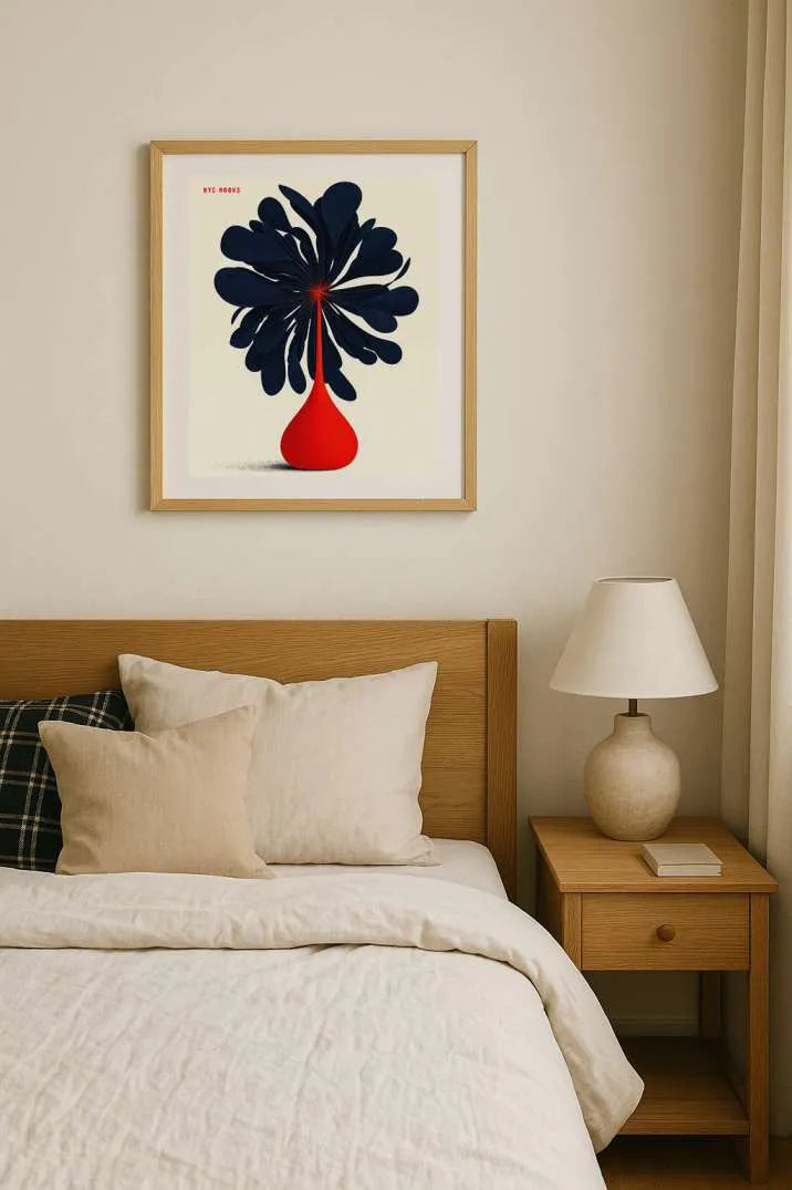 Midnight Bloom in Red Vase – Modern Abstract Floral Wall Art Print