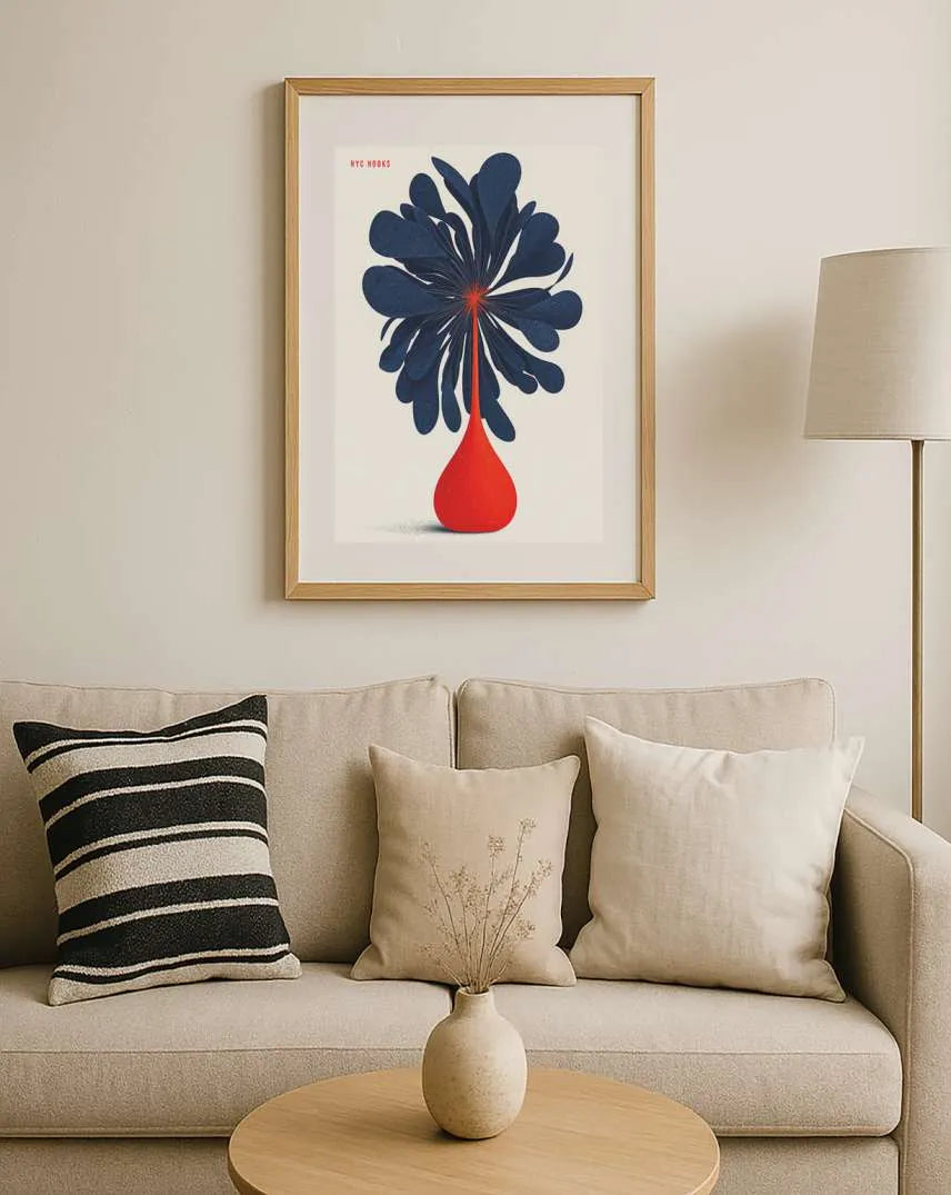 Midnight Bloom in Red Vase – Modern Abstract Floral Wall Art Print