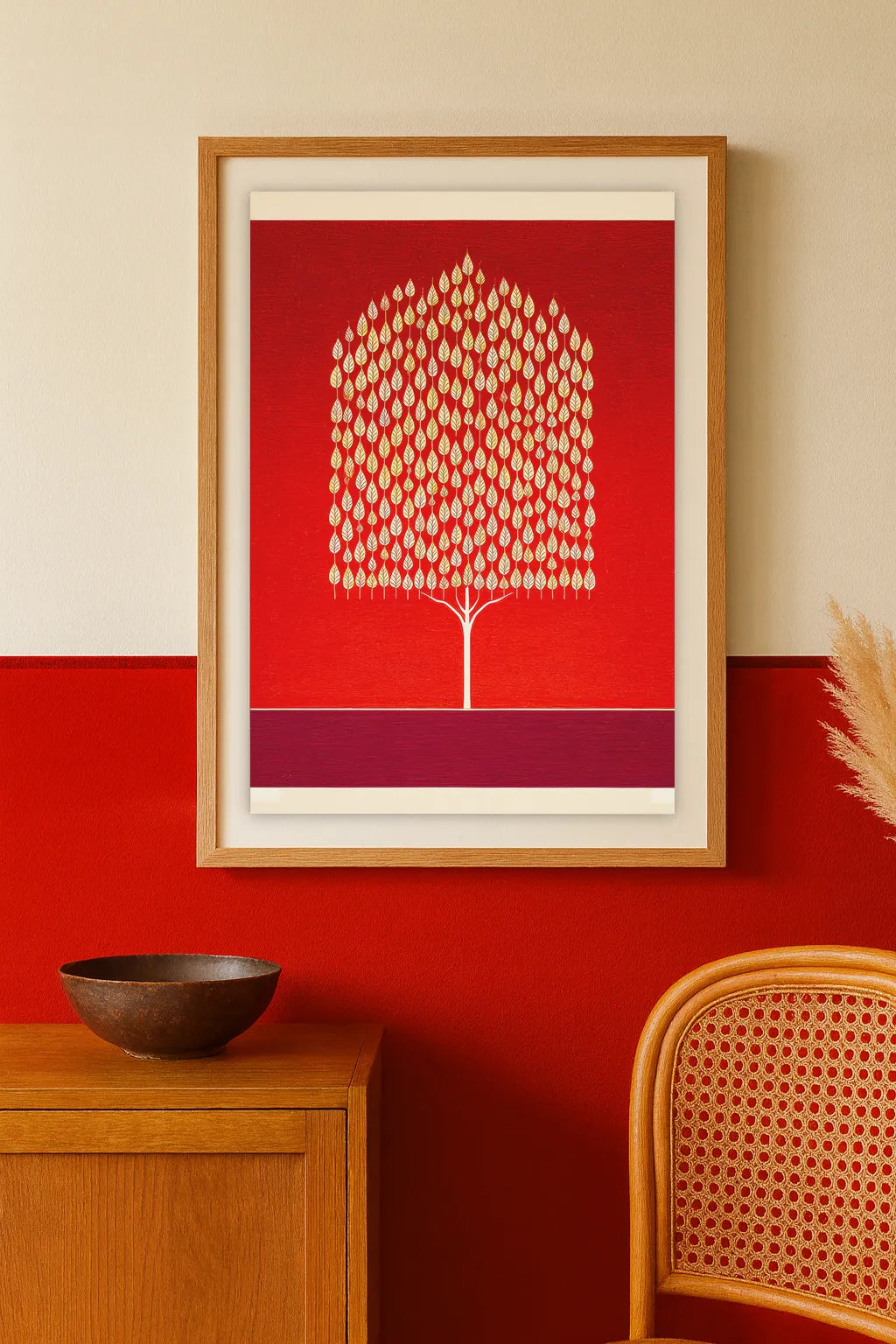 Golden Tree on Red Canvas Art Print – Elegant Minimal Botanical Wall Art