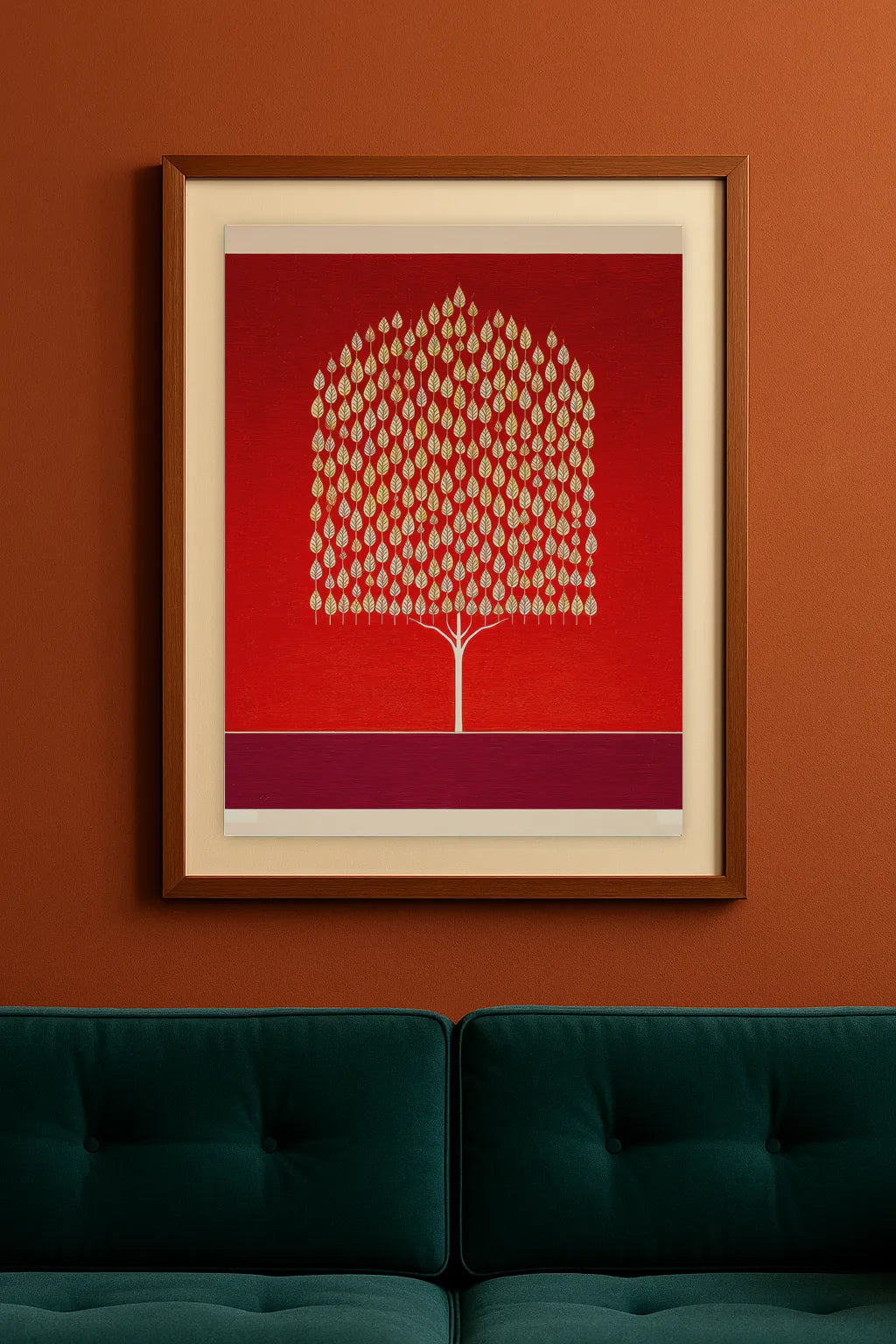 Golden Tree on Red Canvas Art Print – Elegant Minimal Botanical Wall Art