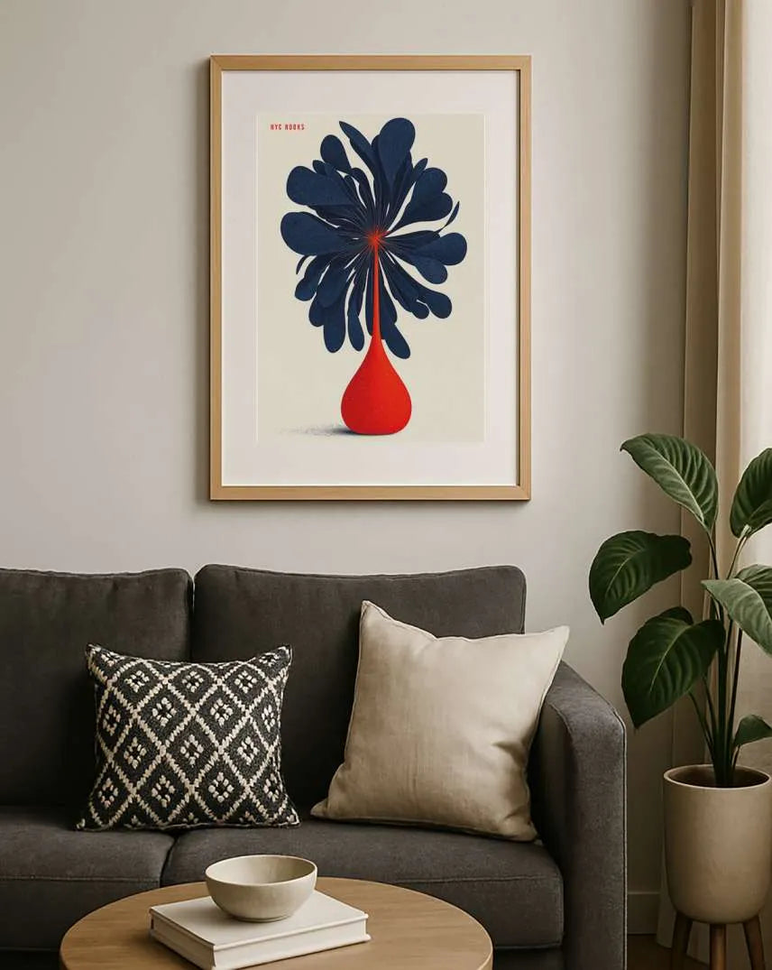 Midnight Bloom in Red Vase – Modern Abstract Floral Wall Art Print