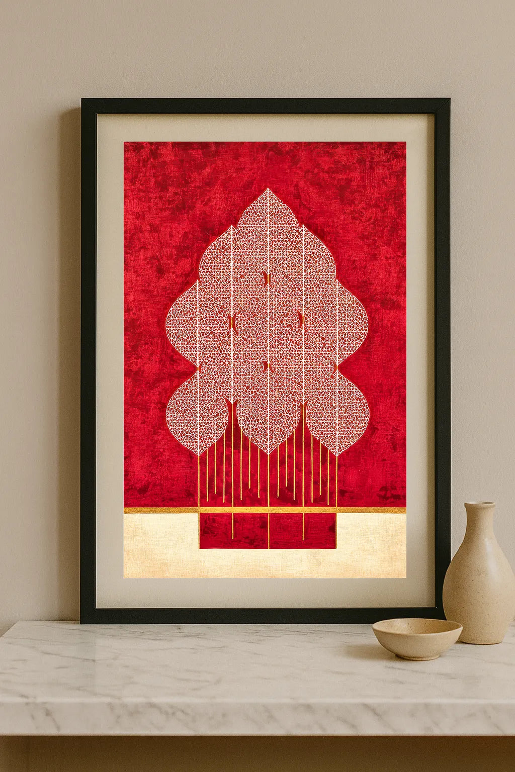 Red & Gold Sacred Tree Art Print – Elegant Modern Spiritual Wall Art