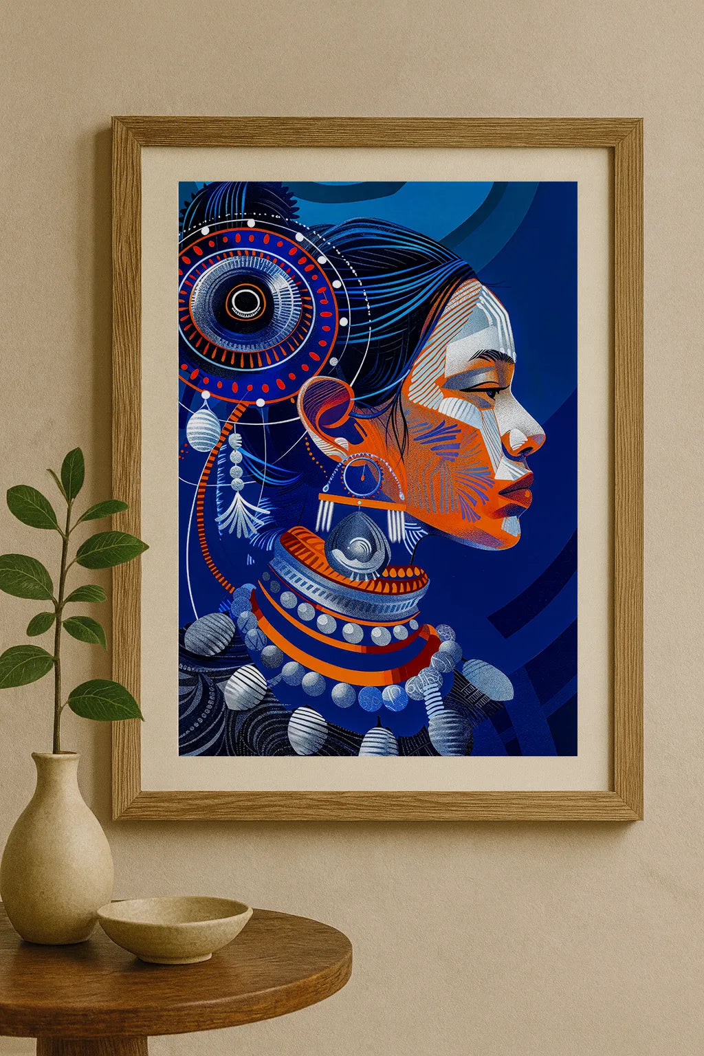 Tribal Portrait Art Print – Vibrant Blue & Orange Cultural Illustration