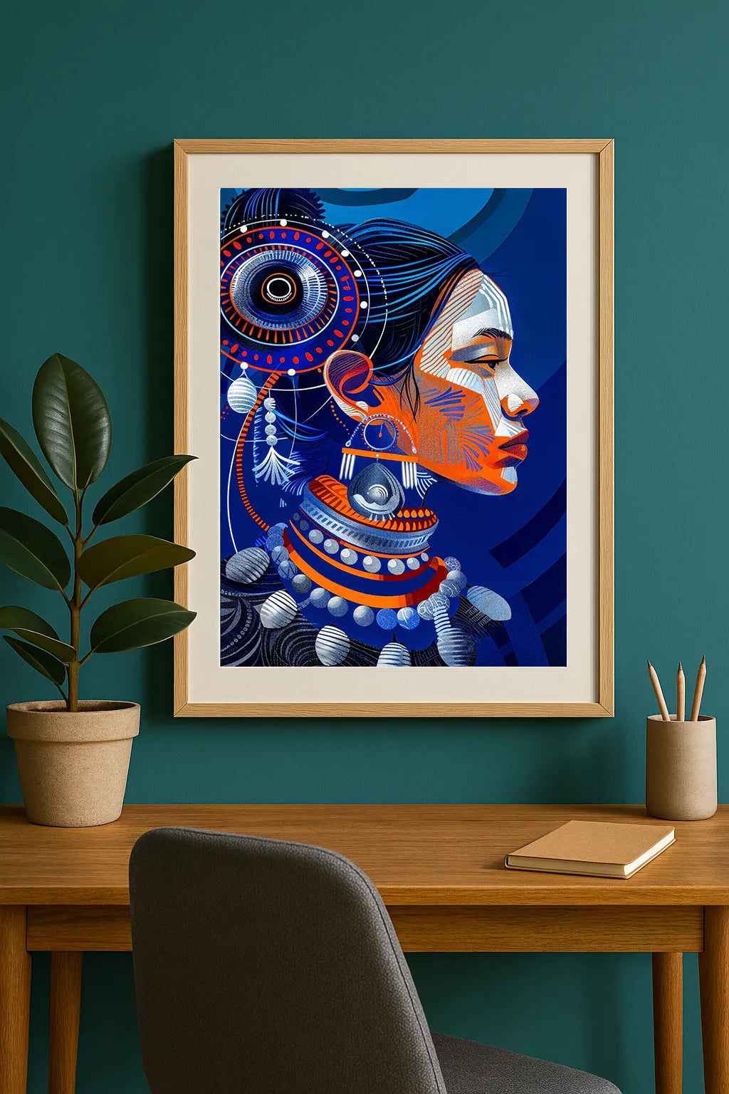Tribal Portrait Art Print – Vibrant Blue & Orange Cultural Illustration
