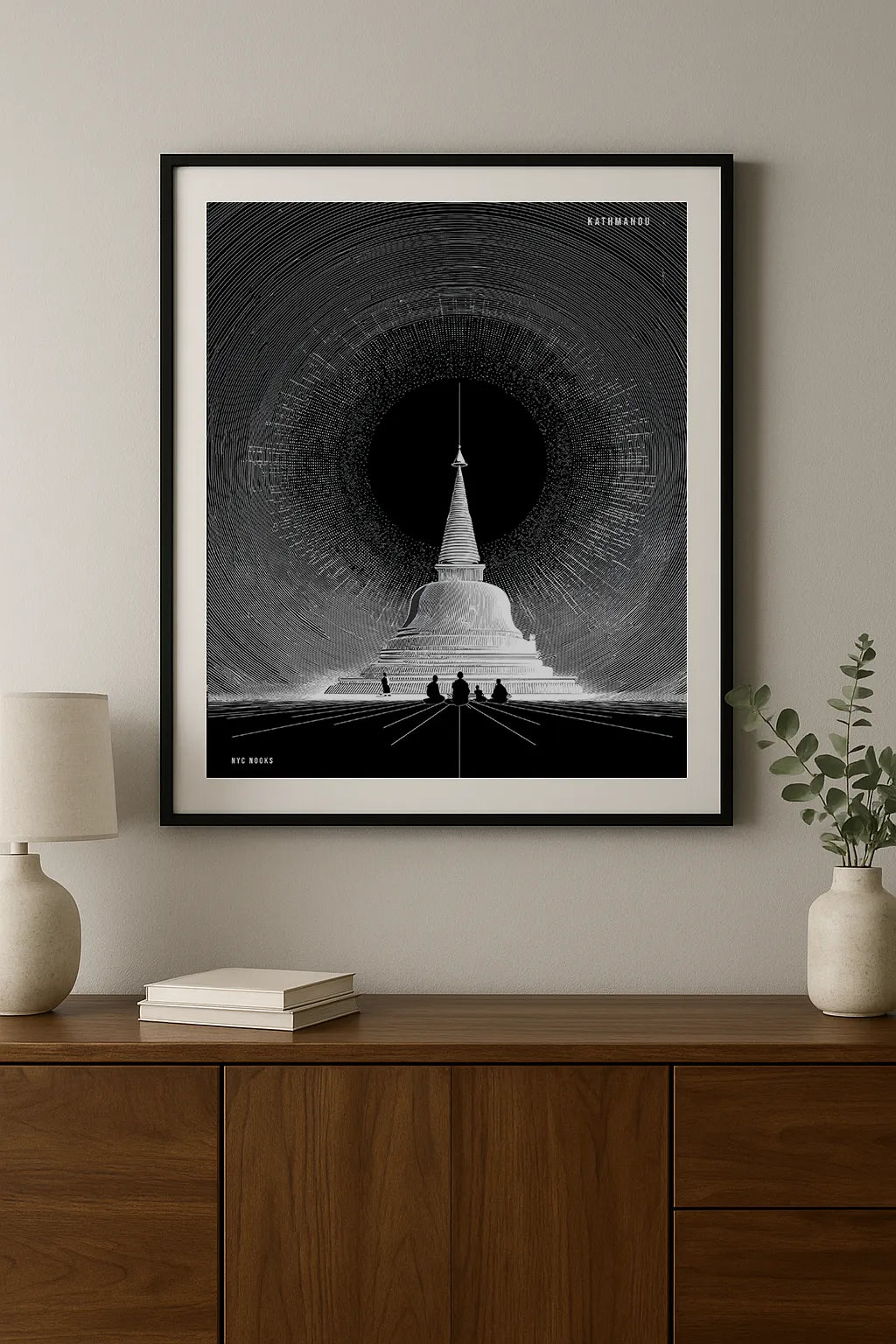 Black & White Stupa Nightscape Art Print – Minimal Spiritual Architecture Illustration