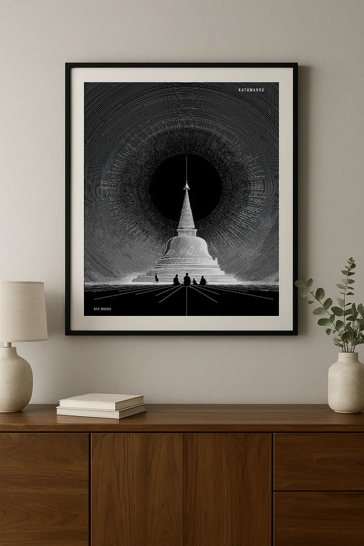 Black & White Stupa Nightscape Art Print – Minimal Spiritual Architecture Illustration