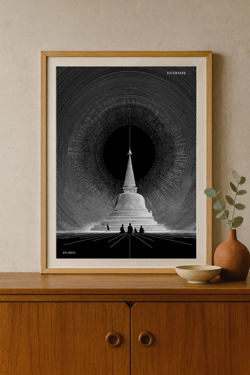 Black & White Stupa Nightscape Art Print – Minimal Spiritual Architecture Illustration