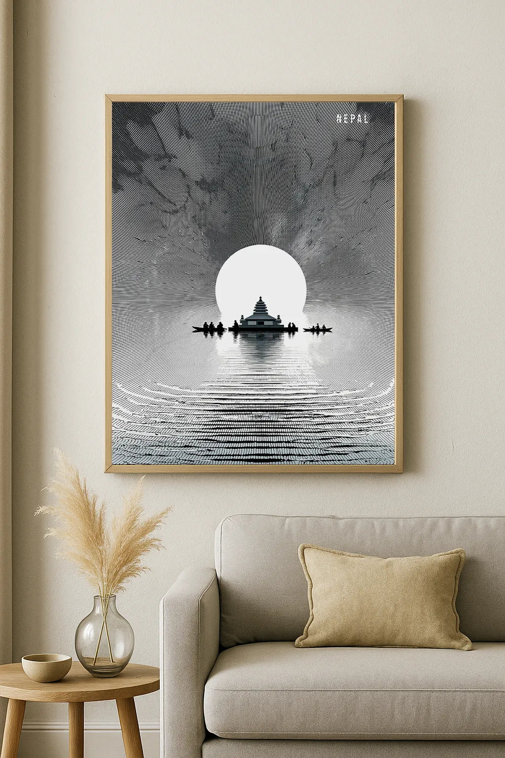 Nepal Temple Reflection Art Print – Minimal Black & White Landscape Illustration