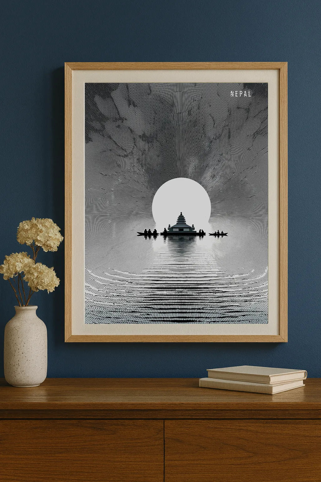 Nepal Temple Reflection Art Print – Minimal Black & White Landscape Illustration
