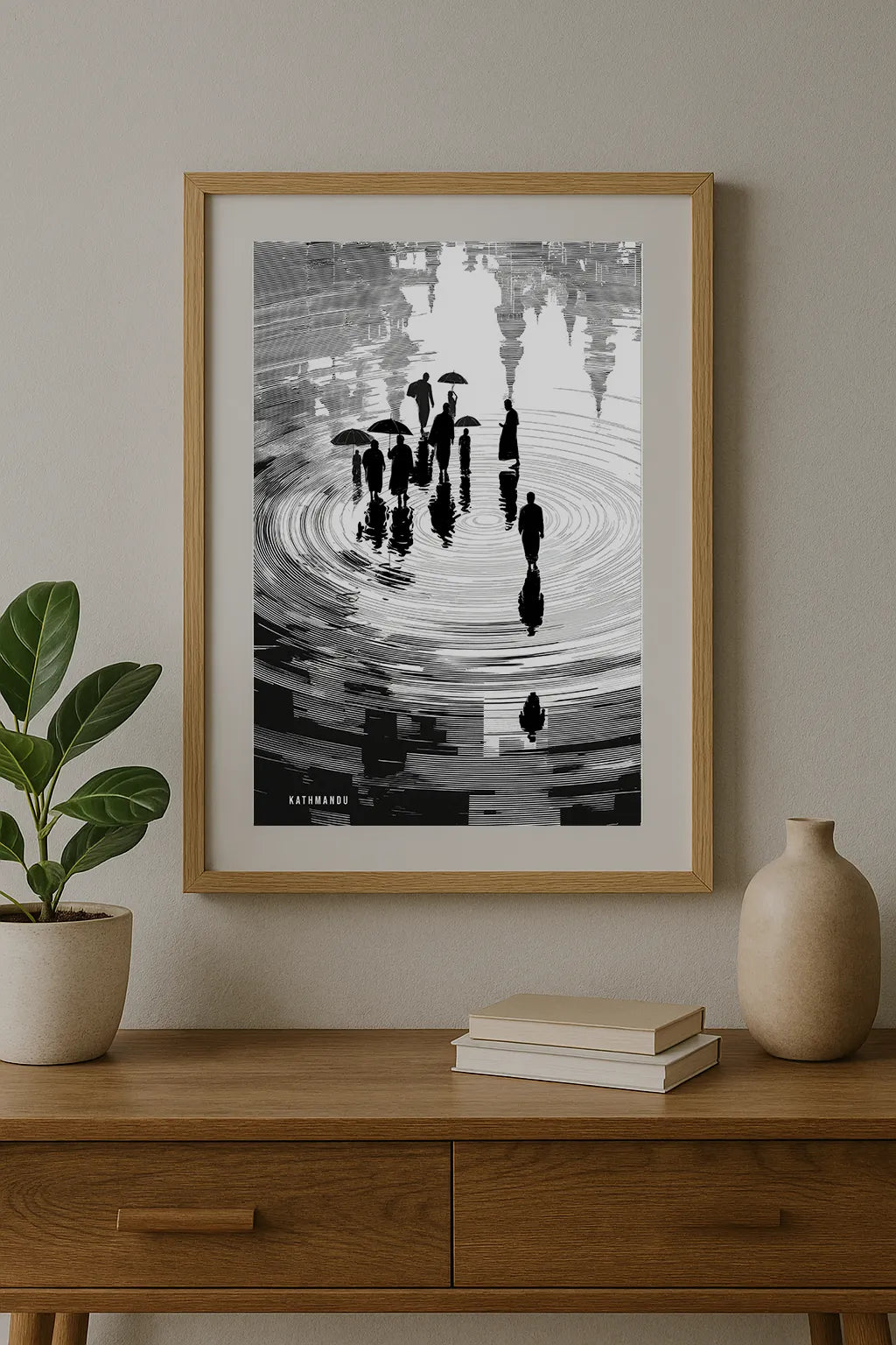 Himalayan Reflections Art Print – Black & White Urban Silhouette Illustration