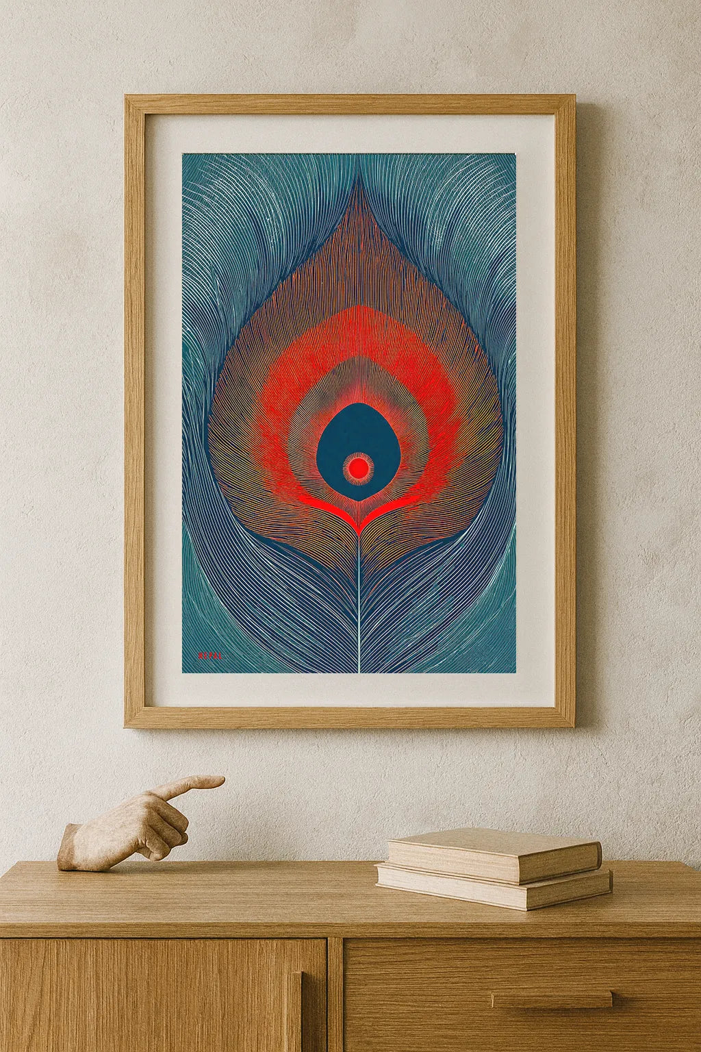Peacock Feather Art Print – Vibrant Blue & Red Modern Botanical Illustration