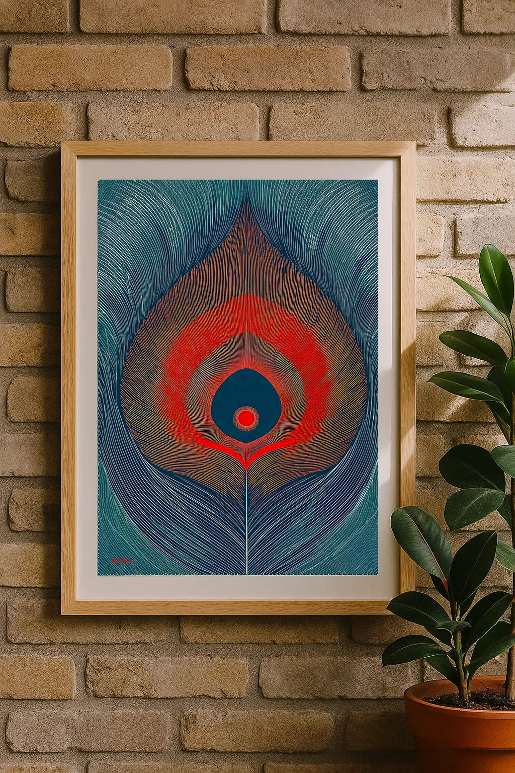 Peacock Feather Art Print – Vibrant Blue & Red Modern Botanical Illustration