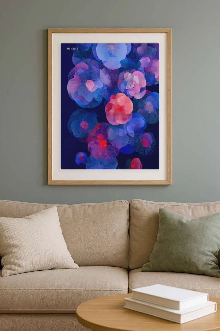 Midnight Petals – Modern Blue & Purple Floral Wall Art Print