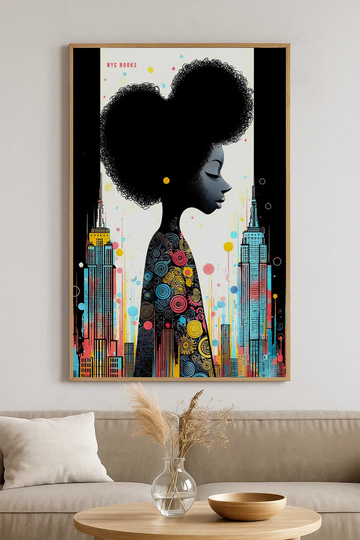 Afro Urban Muse Art Print – Vibrant Cityscape & Modern Portrait Illustration