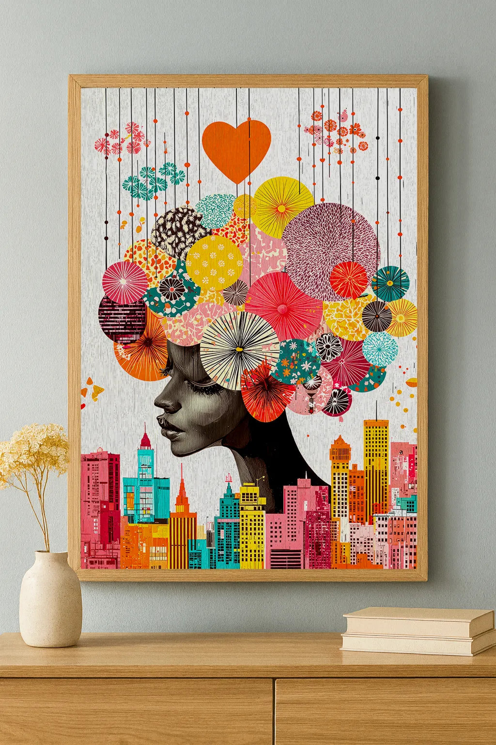 Colorful Urban Dreamscape Art Print – Modern Afro Portrait with City & Floral Elements