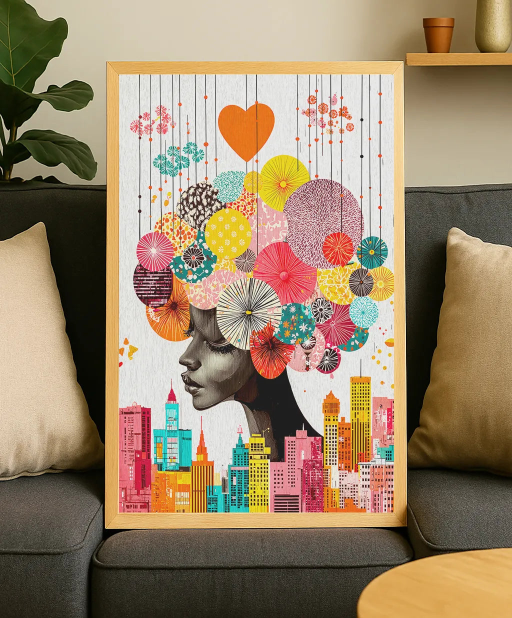 Colorful Urban Dreamscape Art Print – Modern Afro Portrait with City & Floral Elements
