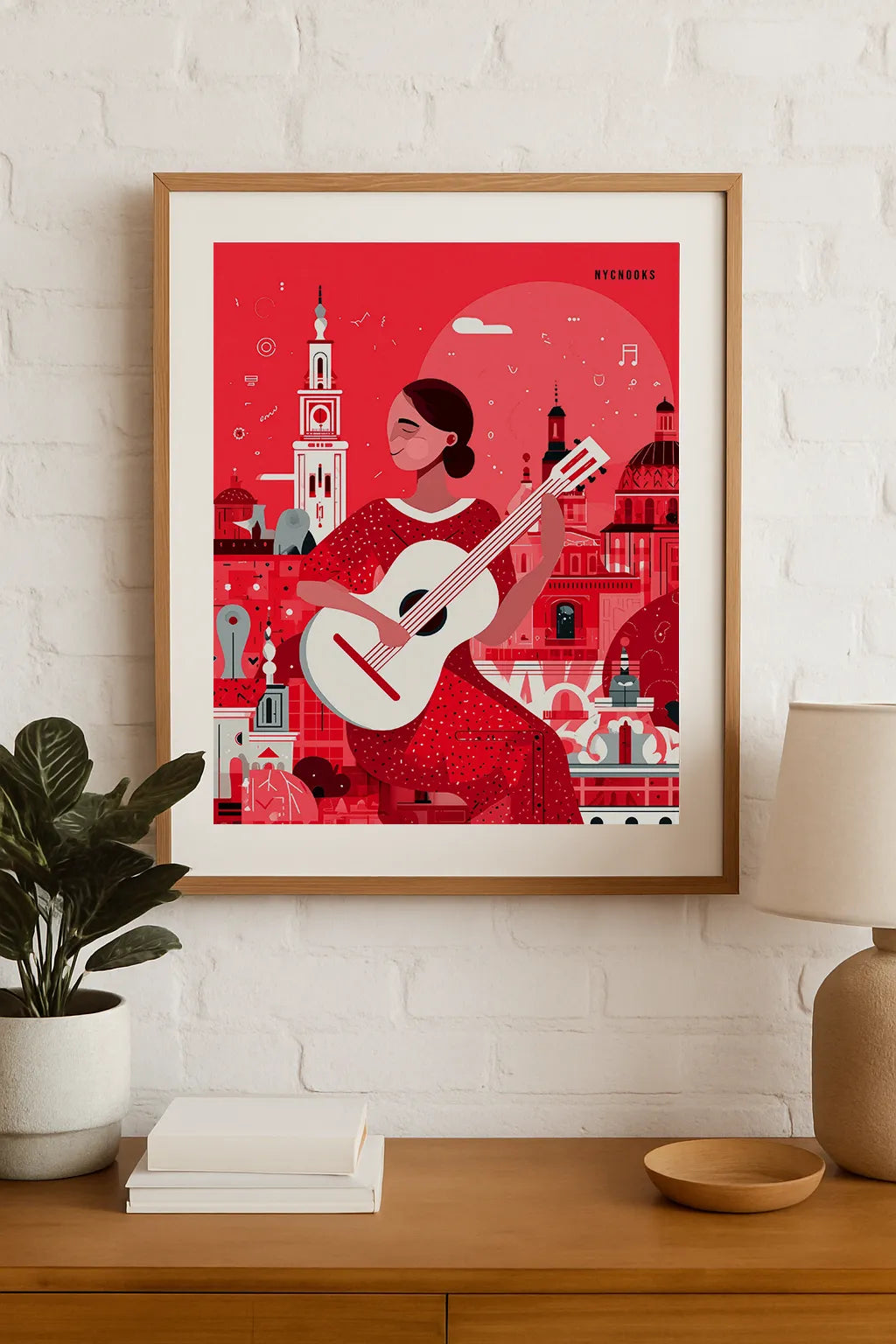 Spanish Guitarist Art Print – Vibrant Red Cityscape & Modern Illustration