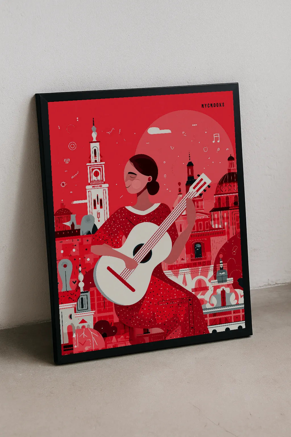 Spanish Guitarist Art Print – Vibrant Red Cityscape & Modern Illustration
