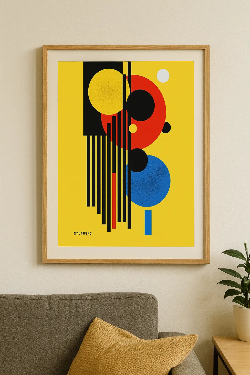 Modern Geometric Abstract Art Print – Bold Bauhaus-Inspired Shapes in Yellow, Red & Blue