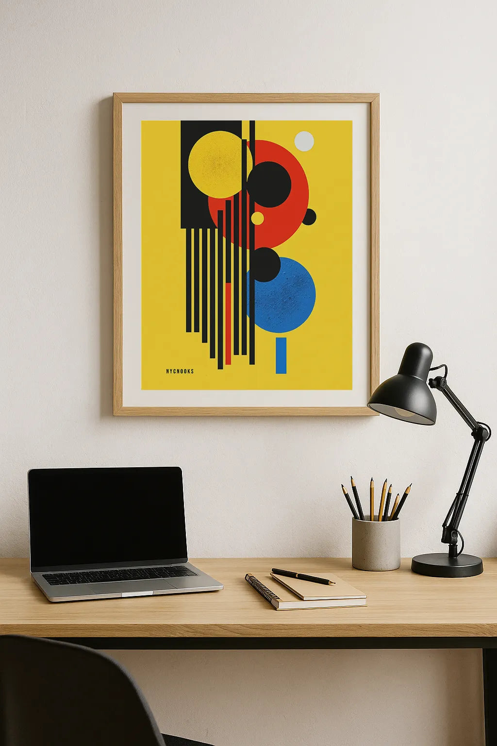 Modern Geometric Abstract Art Print – Bold Bauhaus-Inspired Shapes in Yellow, Red & Blue