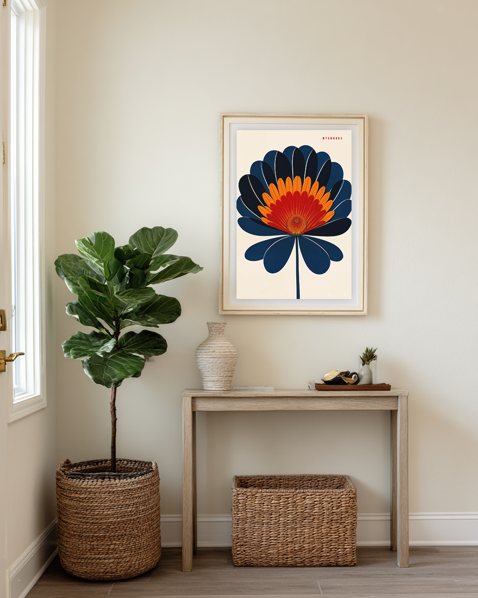 Bold Modern Floral Art Print – Vibrant Orange & Navy Abstract Flower Wall Decor