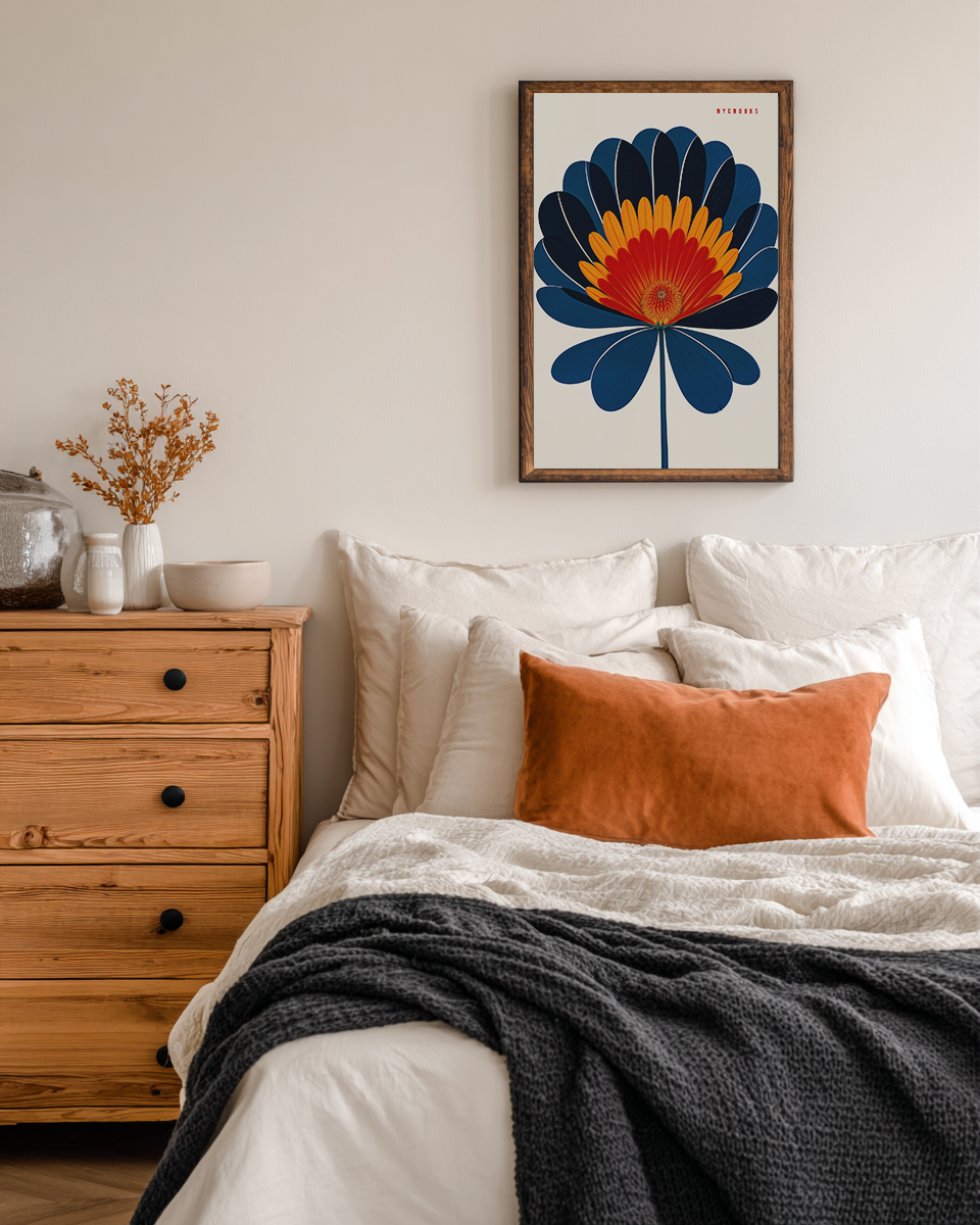 Bold Modern Floral Art Print – Vibrant Orange & Navy Abstract Flower Wall Decor