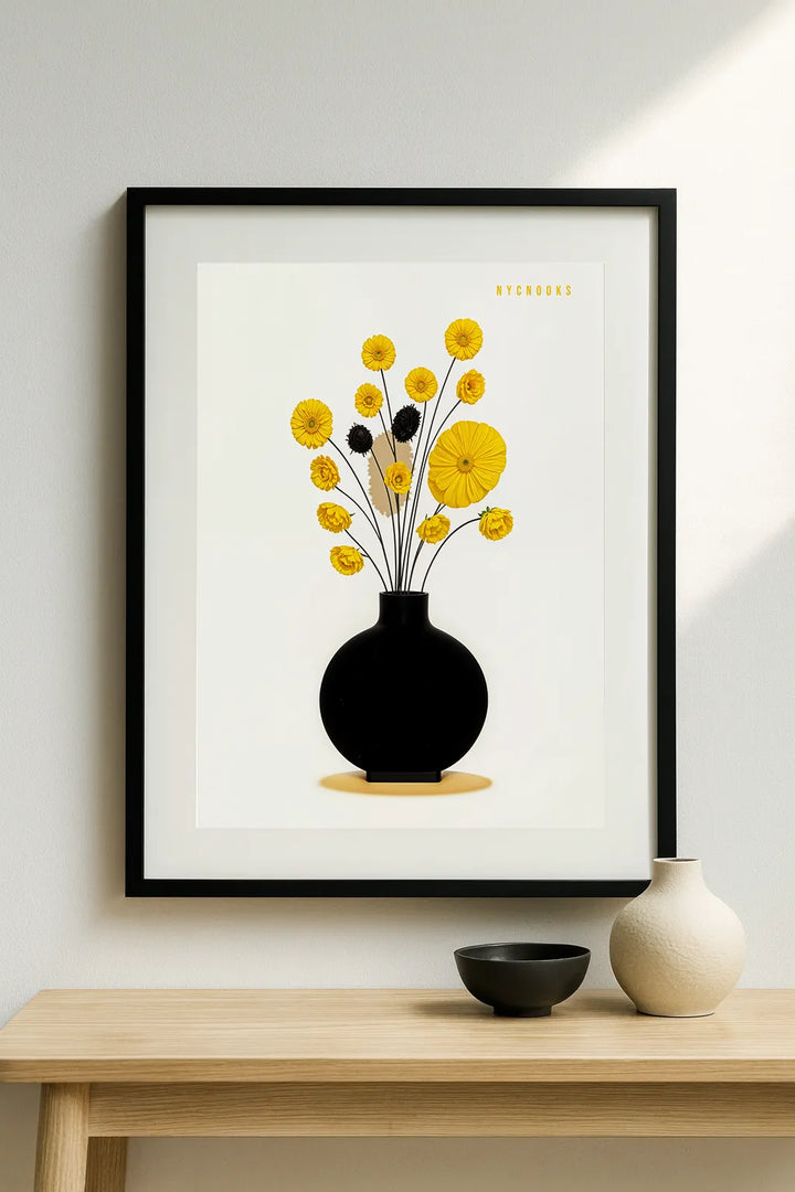 Minimal Floral Vase Art Print – Modern Yellow Bloom Illustration in Black Ceramic Vase
