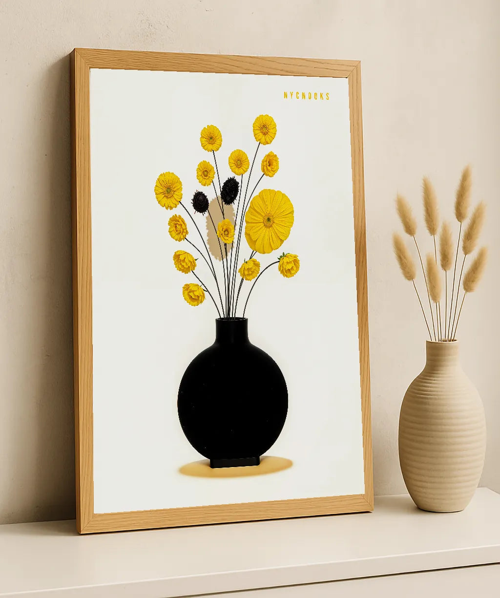 Minimal Floral Vase Art Print – Modern Yellow Bloom Illustration in Black Ceramic Vase