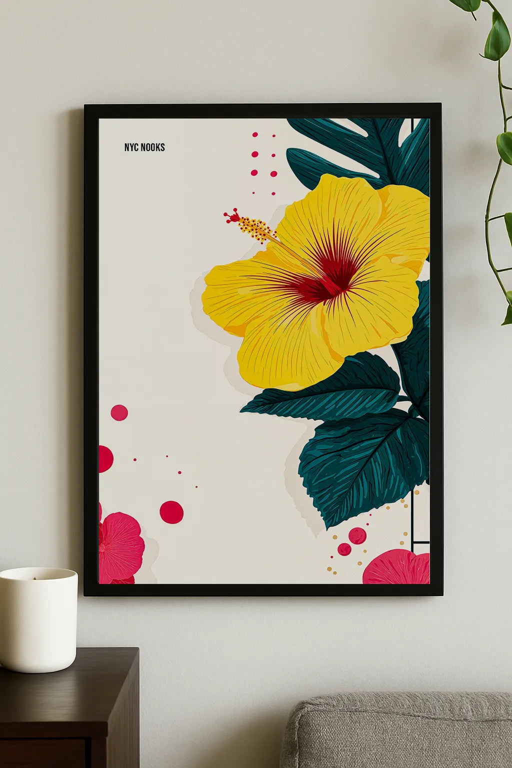 Yellow Hibiscus Wall Art Print – Tropical Botanical Illustration with Teal Leaves & Modern Minimal Design