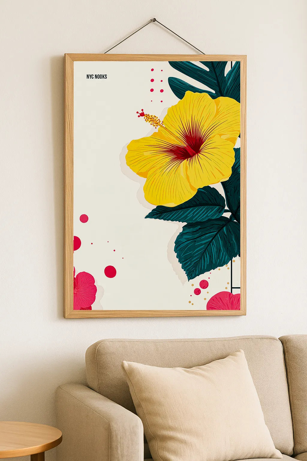 Yellow Hibiscus Wall Art Print – Tropical Botanical Illustration with Teal Leaves & Modern Minimal Design