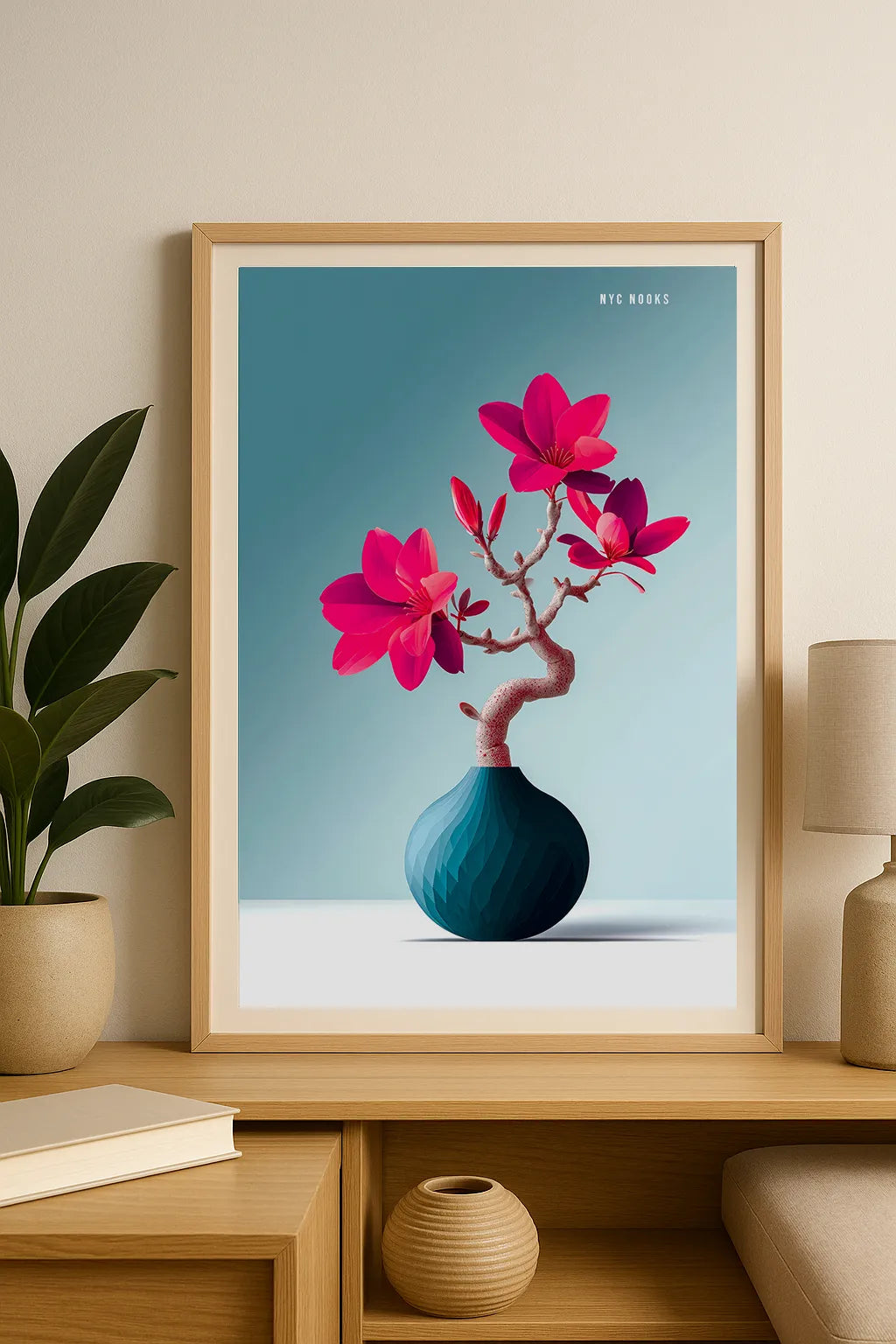 Pink Blossom Bonsai Art Print – Modern Minimalist Floral Illustration in Teal Textured Vase