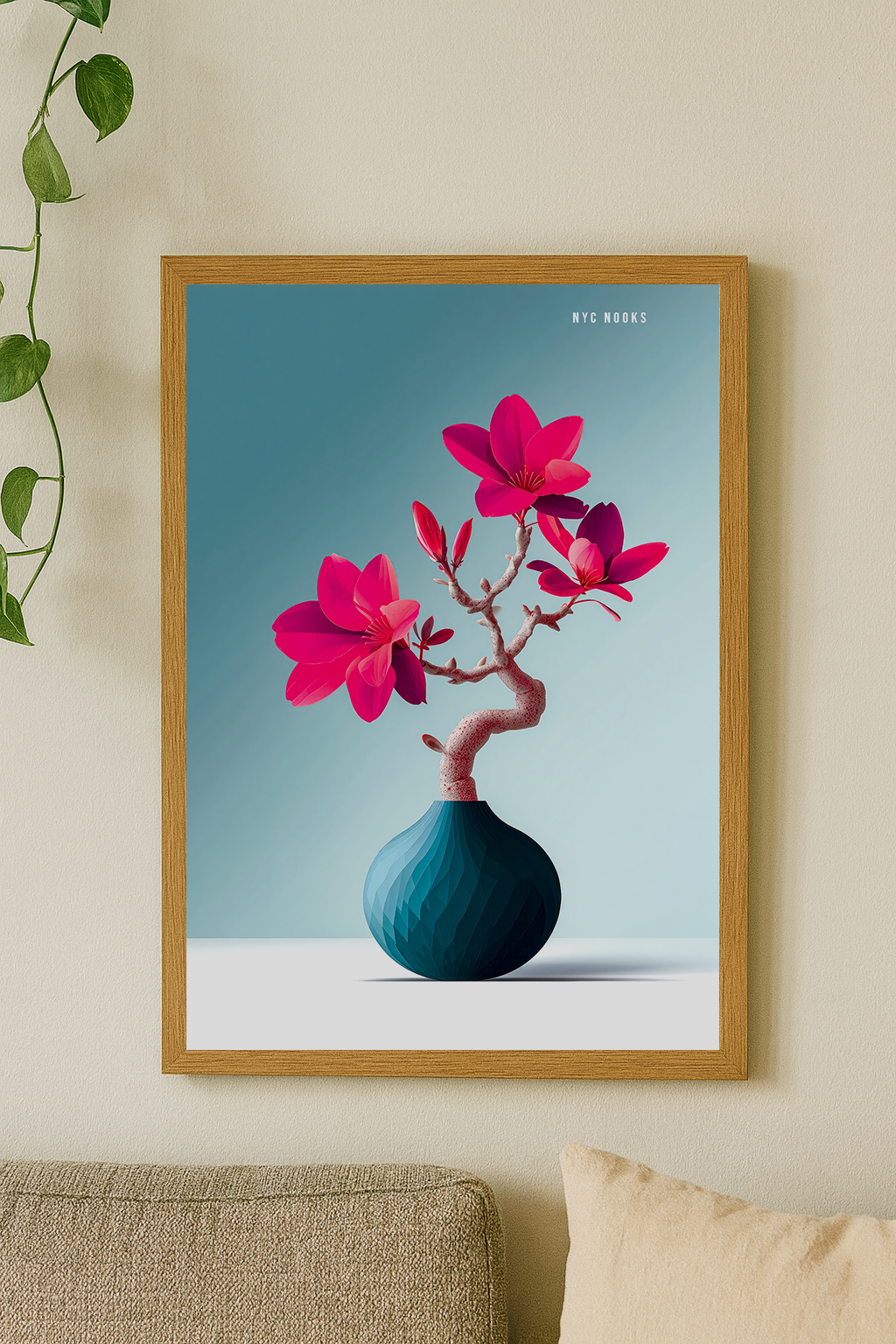 Pink Blossom Bonsai Art Print – Modern Minimalist Floral Illustration in Teal Textured Vase