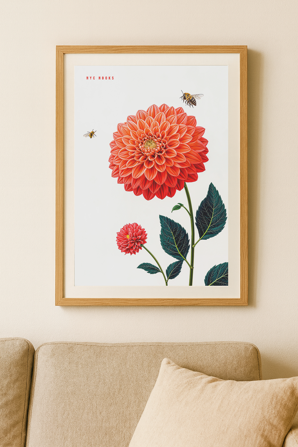 Red Dahlia Flower Art Print with Bees – Botanical Wall Art, Nature Illustration, Modern Floral Decor