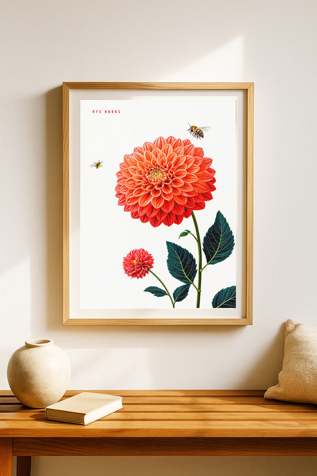 Red Dahlia Flower Art Print with Bees – Botanical Wall Art, Nature Illustration, Modern Floral Decor