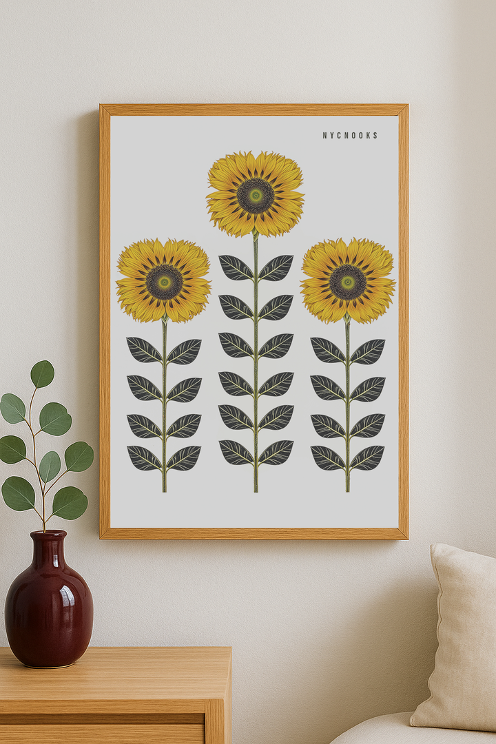 Three Sunflowers Botanical Art Print – Modern Floral Wall Decor, Minimalist Nature Illustration