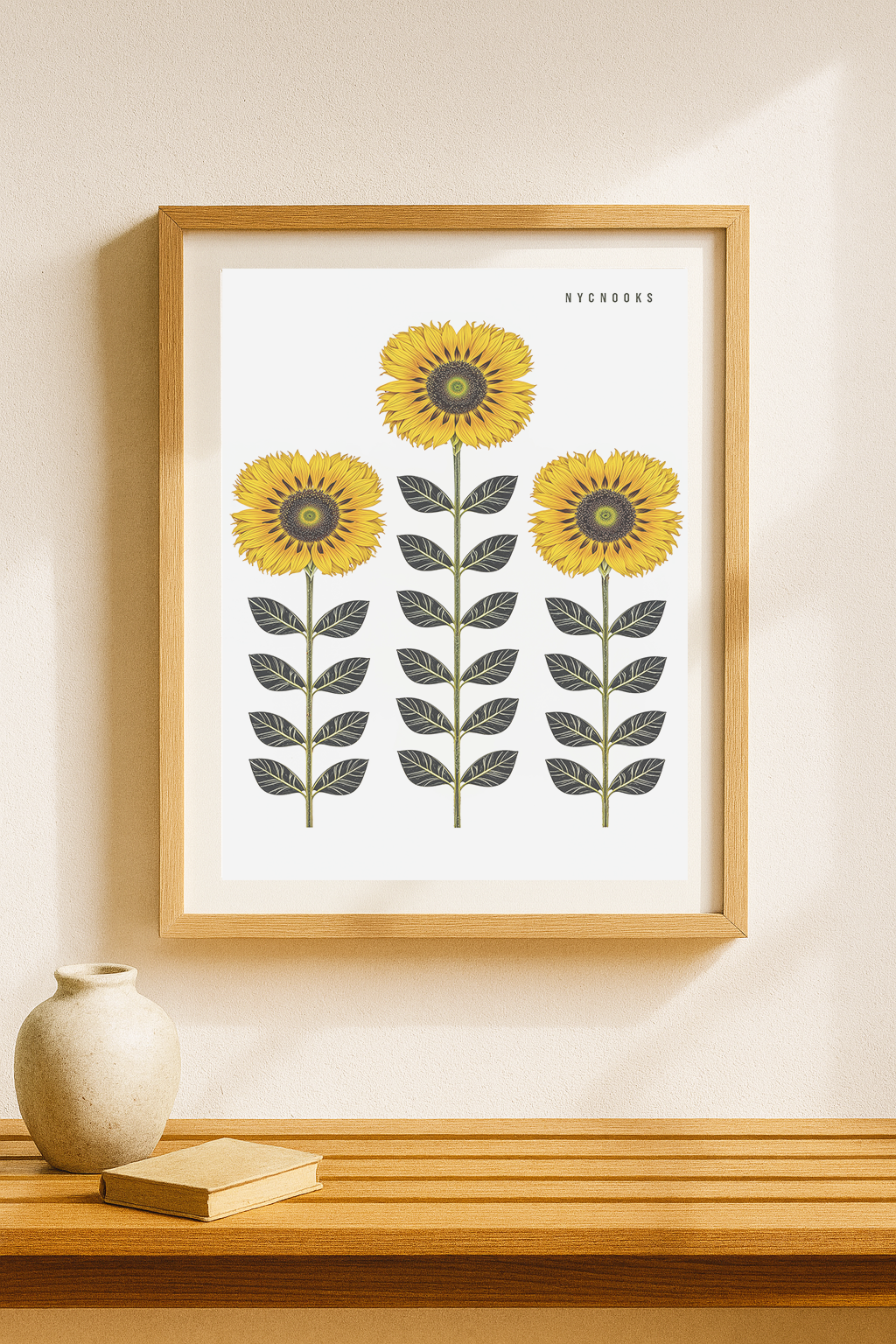 Three Sunflowers Botanical Art Print – Modern Floral Wall Decor, Minimalist Nature Illustration
