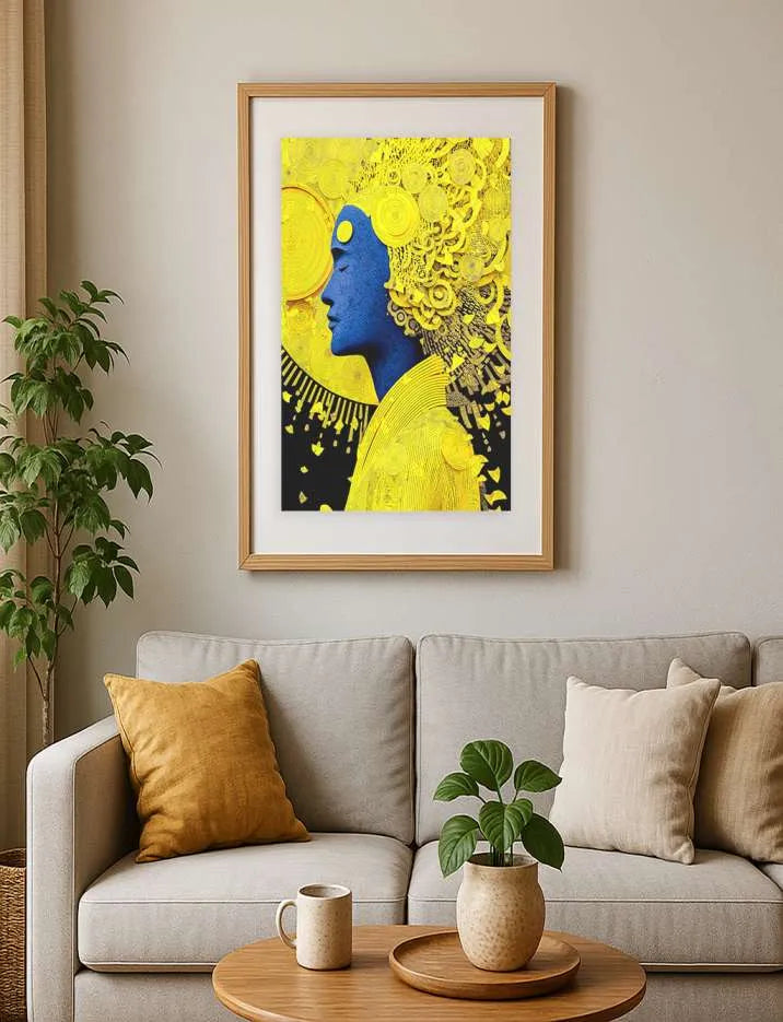 Golden Aura Blue Portrait – Contemporary Abstract Face Wall Art Print