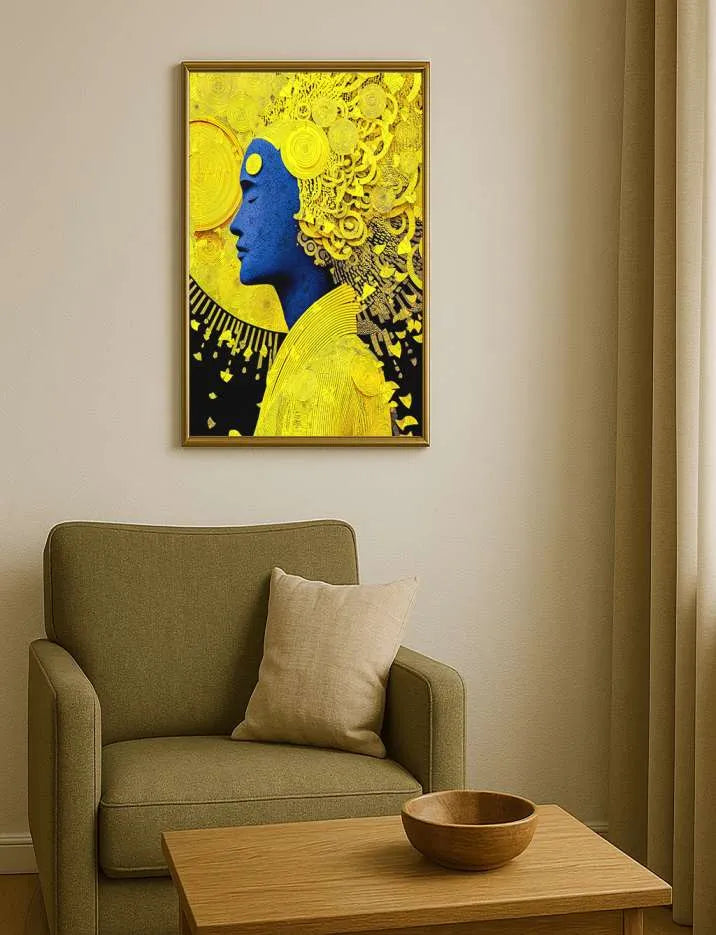 Golden Aura Blue Portrait – Contemporary Abstract Face Wall Art Print
