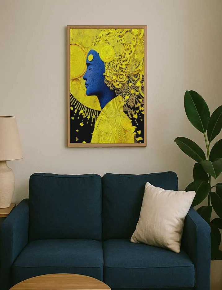 Golden Aura Blue Portrait – Contemporary Abstract Face Wall Art Print