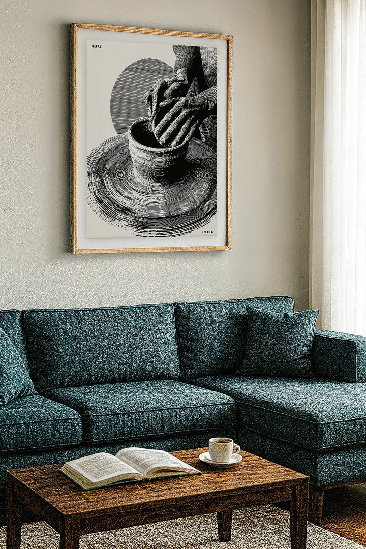 Nepal Pottery Craft – Monochrome Artisan Hands Wall Art Print